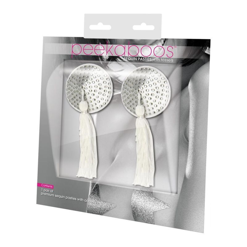 White Satin w White Stone and Tassel Pastie