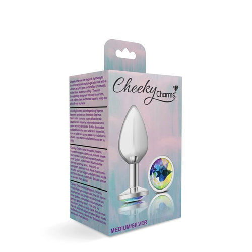 Cheeky Charms Silver Round Butt Plug w Clear Iridescent Jewel Medium - Hush Store Sydney 