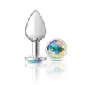 Cheeky Charms Silver Round Butt Plug w Clear Iridescent Jewel Large - Hush Store Sydney 