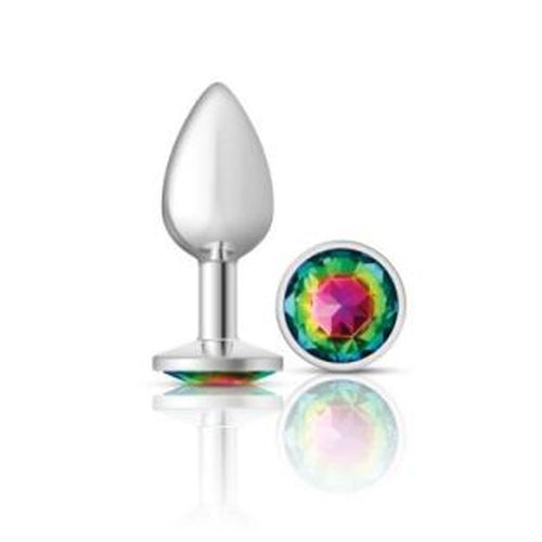 Cheeky Charms Silver Round Butt Plug w Rainbow Jewel Small - Hush Store Sydney 