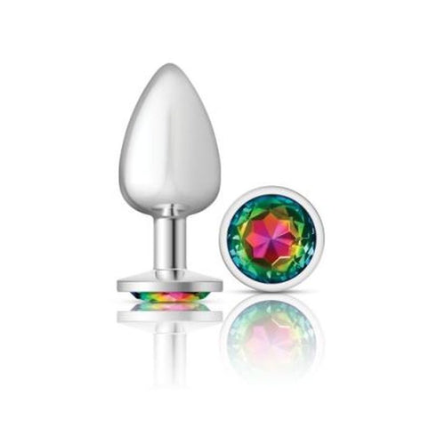 Cheeky Charms Silver Round Butt Plug w Rainbow Jewel Large - Hush Store Sydney 