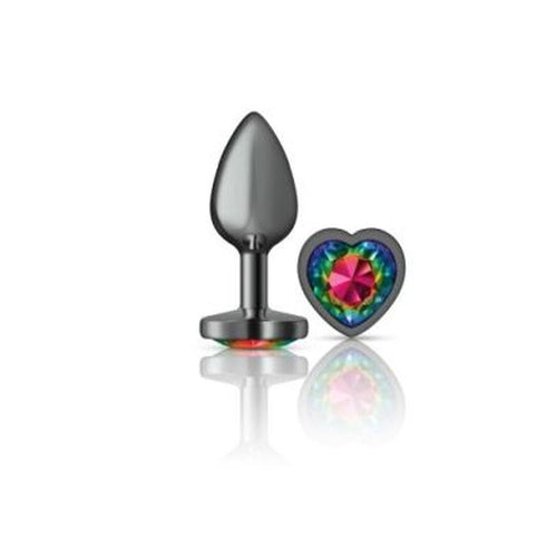 Cheeky Charms Gunmetal  Butt Plug w Heart Rainbow Jewel Small - Hush Store Sydney 