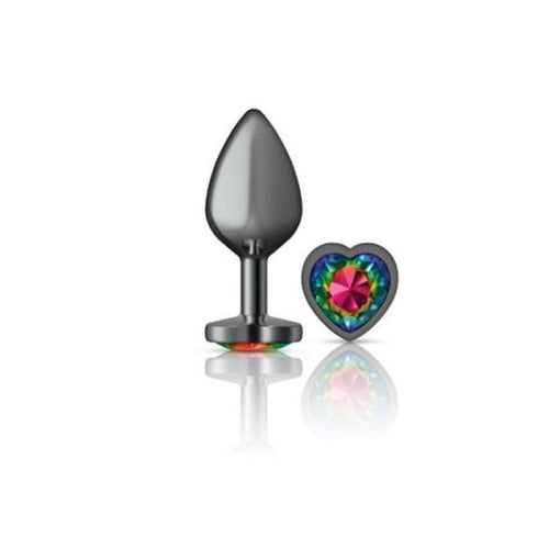 Cheeky Charms Gunmetal  Butt Plug w Heart Rainbow Jewel Medium - Hush Store Sydney 