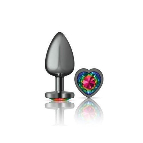 Cheeky Charms Gunmetal  Butt Plug w Heart Rainbow Jewel Large - Hush Store Sydney 