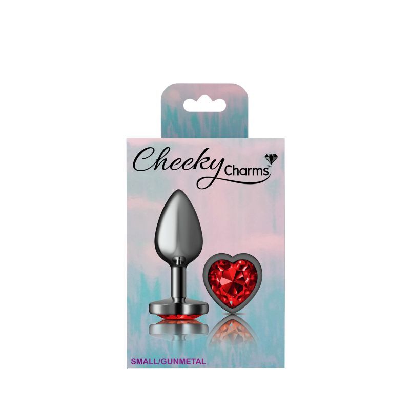 Cheeky Charms Gunmetal  Butt Plug w Heart Red Jewel Small - Hush Store Sydney 