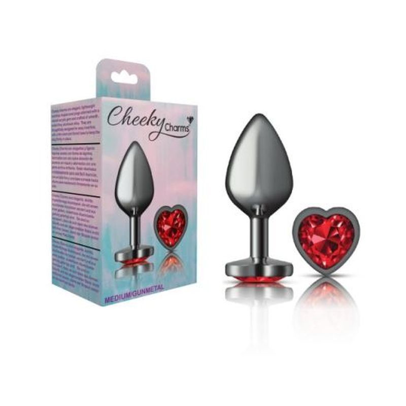 Cheeky Charms Gunmetal  Butt Plug w Heart Red Jewel Medium - Hush Store Sydney 
