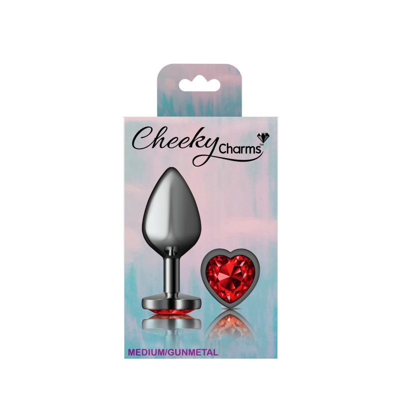 Cheeky Charms Gunmetal  Butt Plug w Heart Red Jewel Medium - Hush Store Sydney 