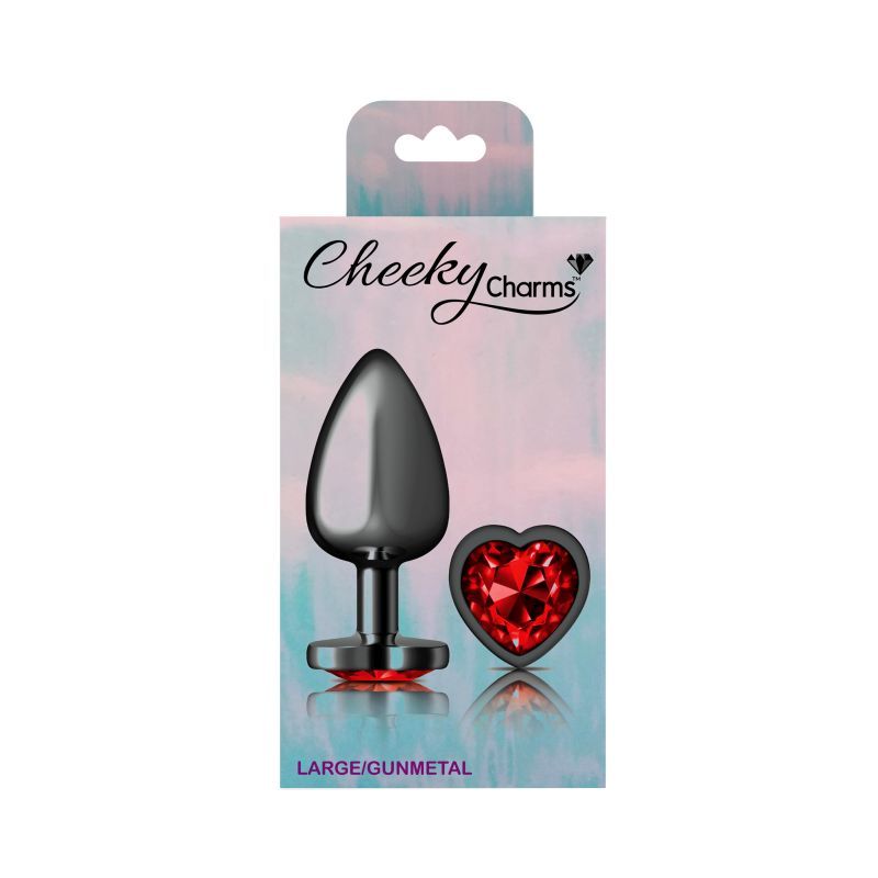 Cheeky Charms Gunmetal  Butt Plug w Heart Red Jewel Large - Hush Store Sydney 
