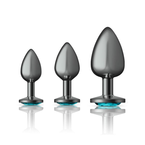 Cheeky Charms Round Metal Butt Plug Gunmetal 3 Pc Kit w Teal Jewel - Hush Store Sydney 
