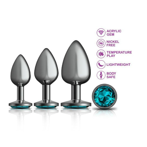 Cheeky Charms Round Metal Butt Plug Gunmetal 3 Pc Kit w Teal Jewel - Hush Store Sydney 
