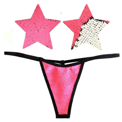 Bitchin Neon Pink and Silver Blacklight Sequin Pastie and Panty Set - Hush Store Sydney 