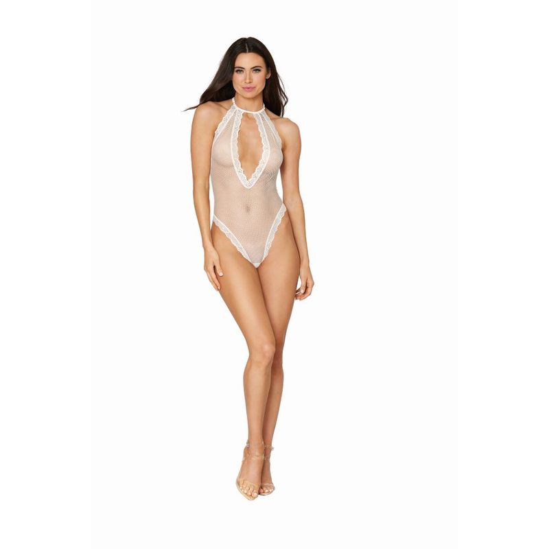 Fishnet Halter Teddy w Stretch Lace Edge Trims White - Hush Store Sydney 