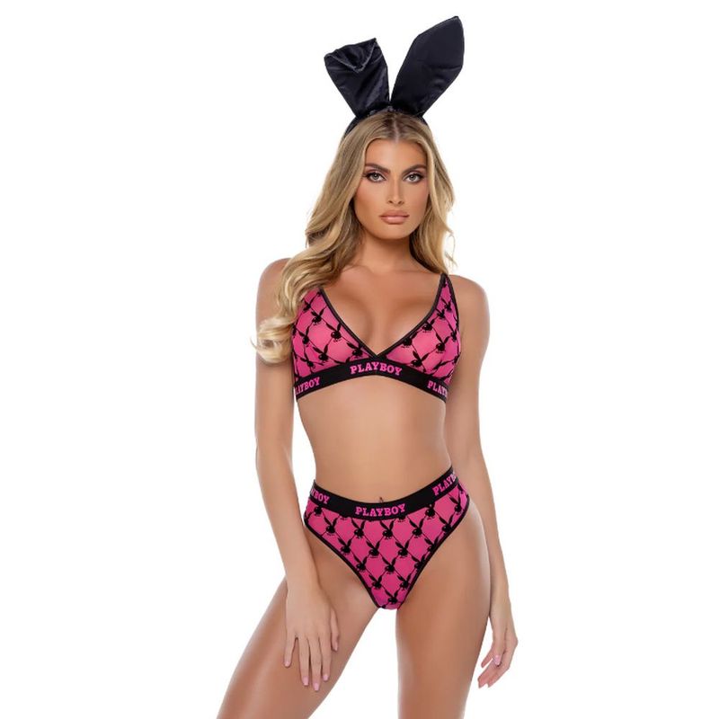Playboy Flocked Bunny 2 Pc Lingerie Set Pink