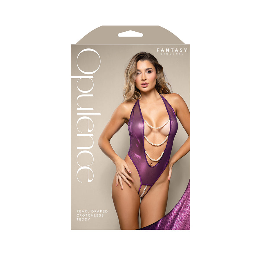 OPULENCE Pearl Draped Crotchless Teddy - Purple - M/L Size