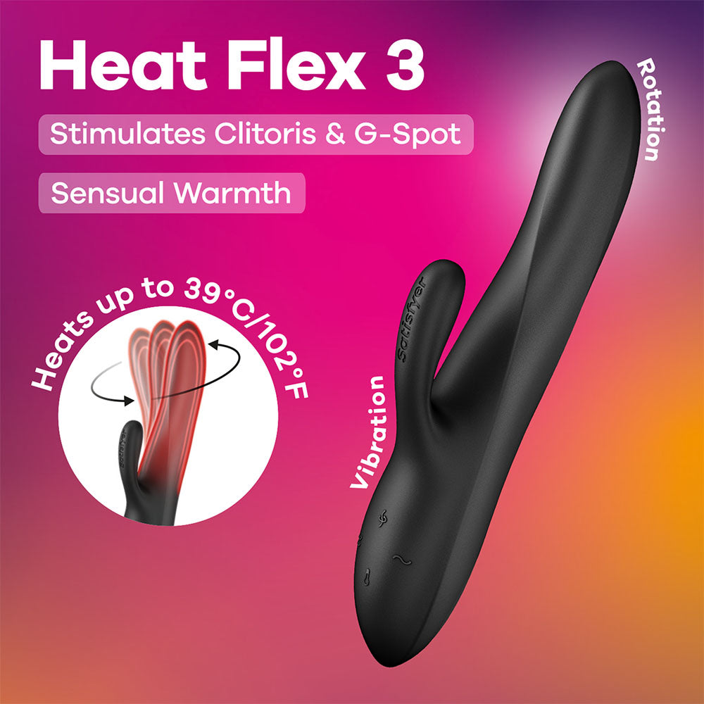 Satisfyer Heat Flex 3 - Black 23 cm USB-C Rechargeable Warming and Rotating Rabbit Vibrator