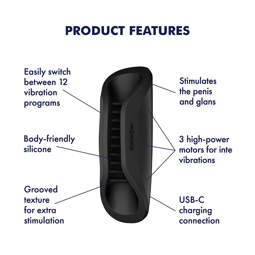 Satisfyer Perfect Grip - Black USB-C Rechargeable Vibrating Masturbator Sleeve