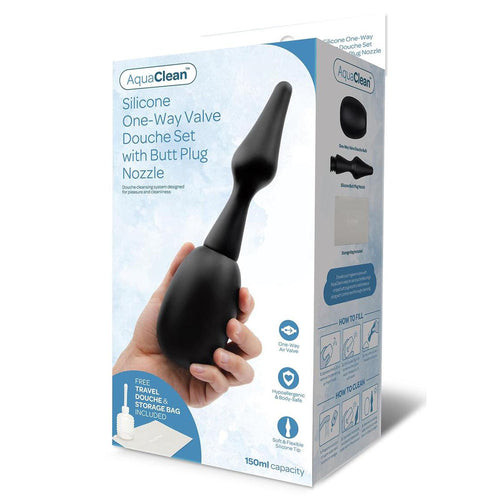 AquaClean Silicone 1-Way Valve Douche Set with Butt Plug Nozzle - 150 ml Capacity with Free Travel Douche Included - Hush Store Sydney 