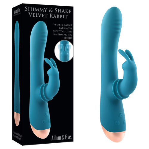 Adam & Eve SHIMMY & SHAKE VELVET RABBIT - Blue 22.4 cm USB Rechargeable Rabbit Vibrator - Hush Store Sydney 
