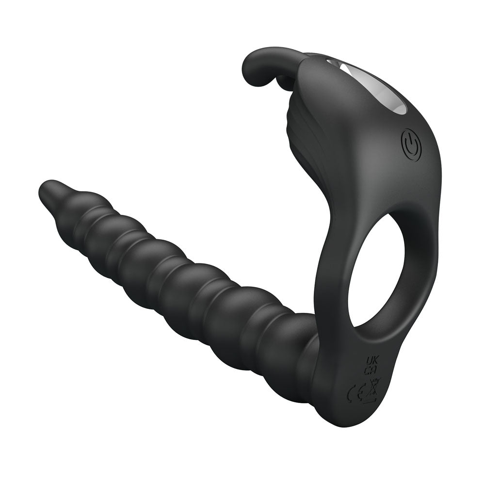 Party Up MARCUS Ring & Anal Plug - Black USB Rechargeable Vibrating Cock Ring with Double Penetrator - Hush Store Sydney 