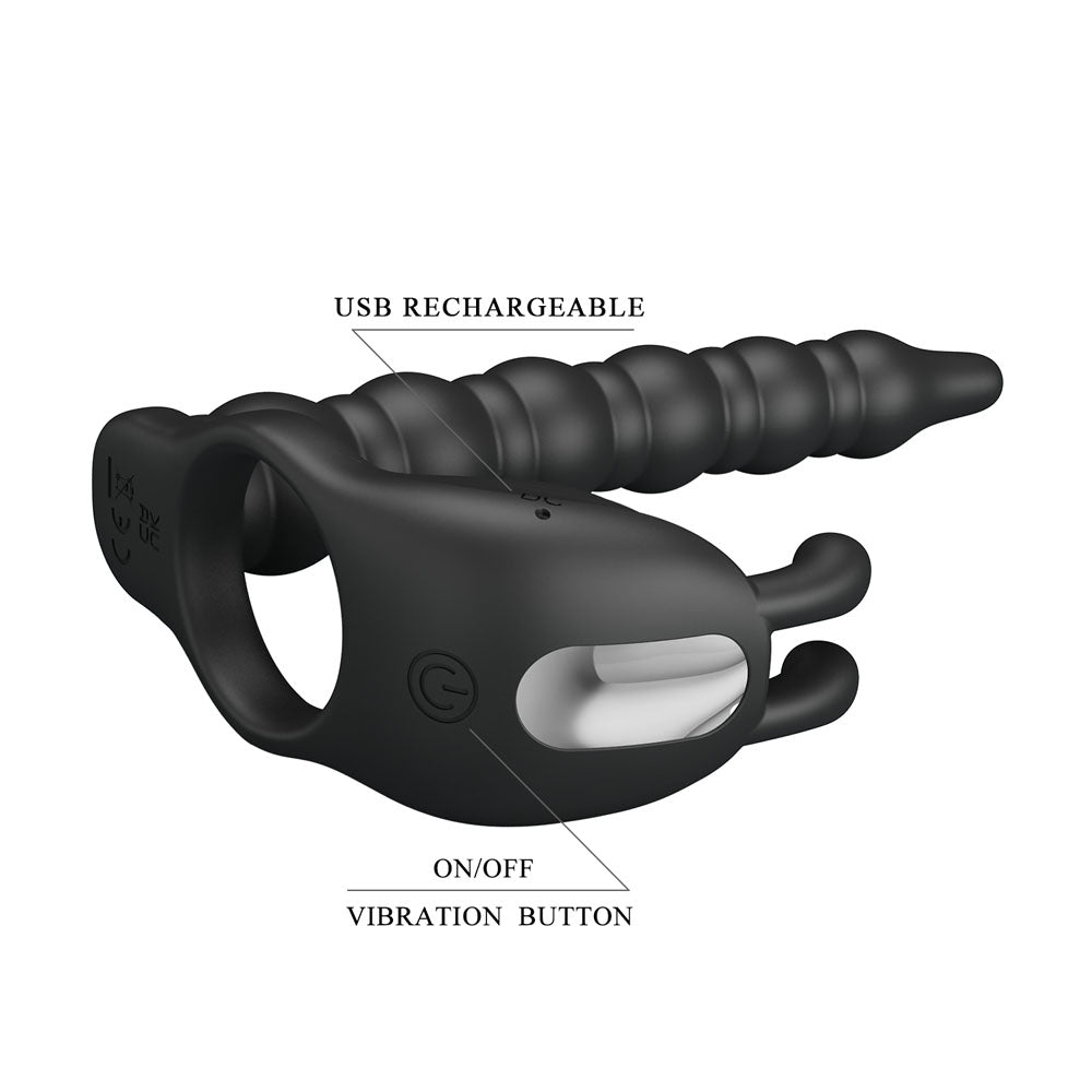 Party Up MARCUS Ring & Anal Plug - Black USB Rechargeable Vibrating Cock Ring with Double Penetrator - Hush Store Sydney 