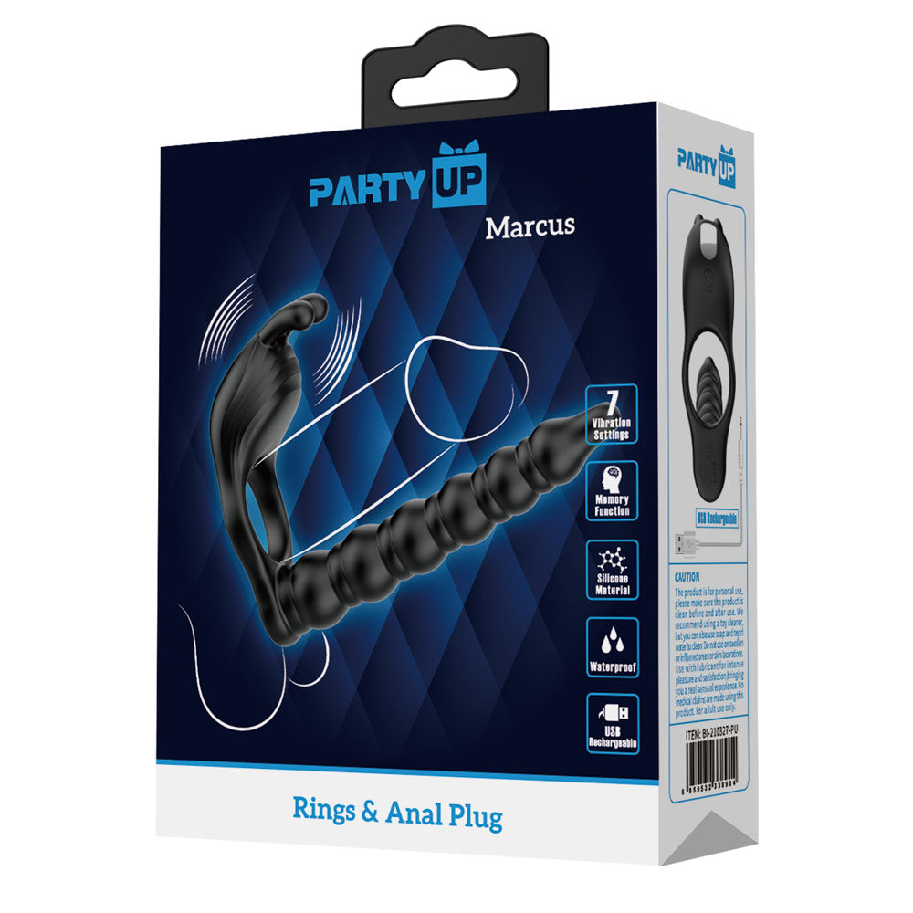 Party Up MARCUS Ring & Anal Plug - Black USB Rechargeable Vibrating Cock Ring with Double Penetrator - Hush Store Sydney 