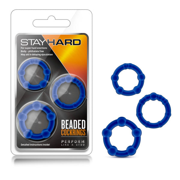 Stay Hard Beaded Cockrings - Blue Cock Rings - Set of  3 Sizes - Hush Store Sydney 