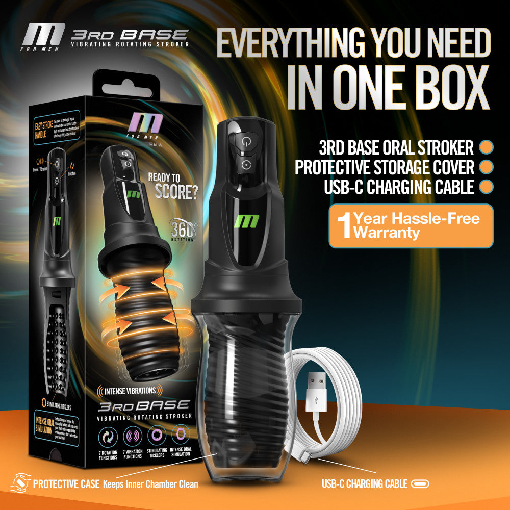 M For Men - 3rd Base - Black USB Rechargeable Vibrating & Rotating Auto Stroker - Hush Store Sydney 