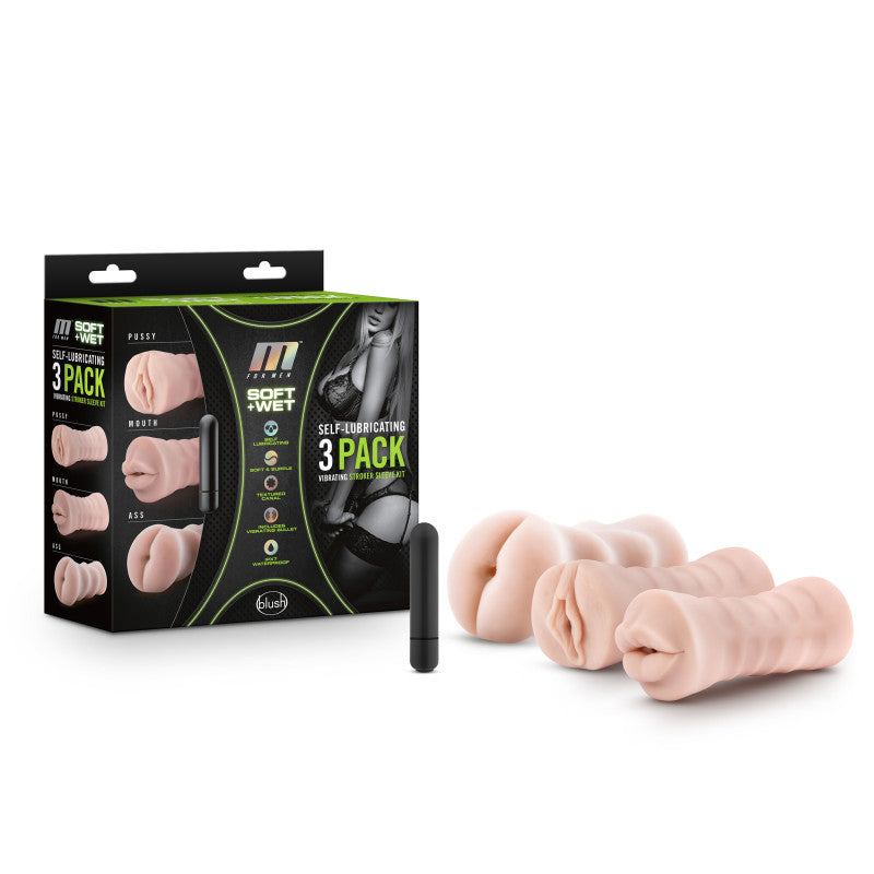 M For Men 3-Pack Self-Lubricating Vibrating Strokers - Flesh Vibrating Strokers - 3 Pack - Hush Store Sydney 