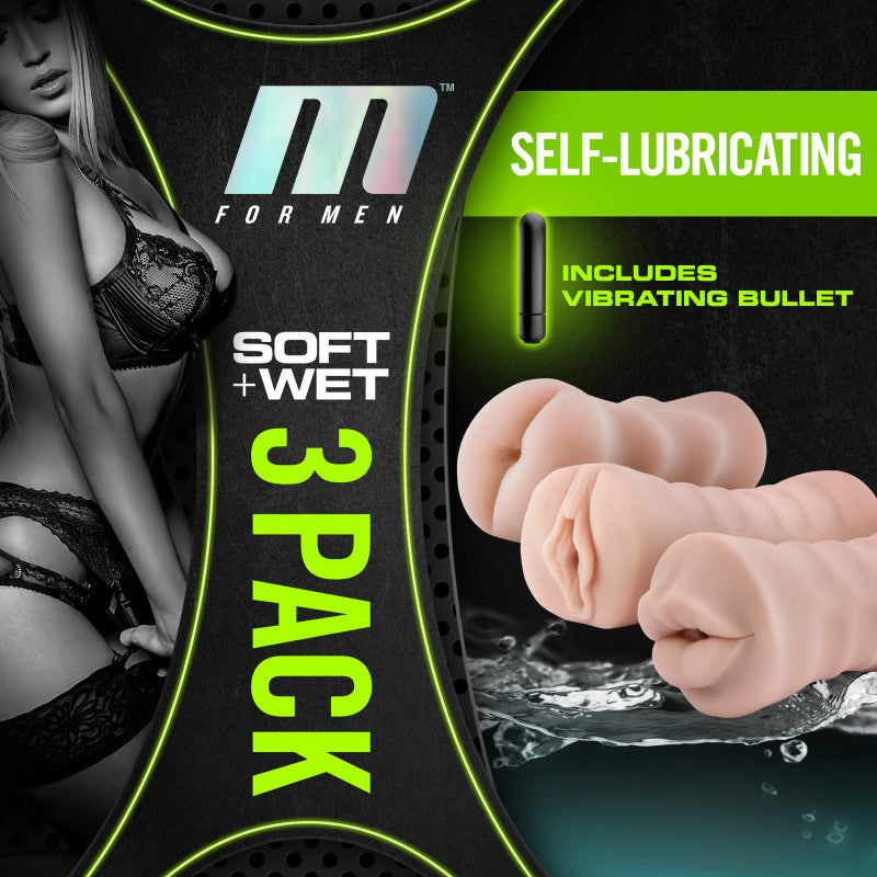 M For Men 3-Pack Self-Lubricating Vibrating Strokers - Flesh Vibrating Strokers - 3 Pack - Hush Store Sydney 