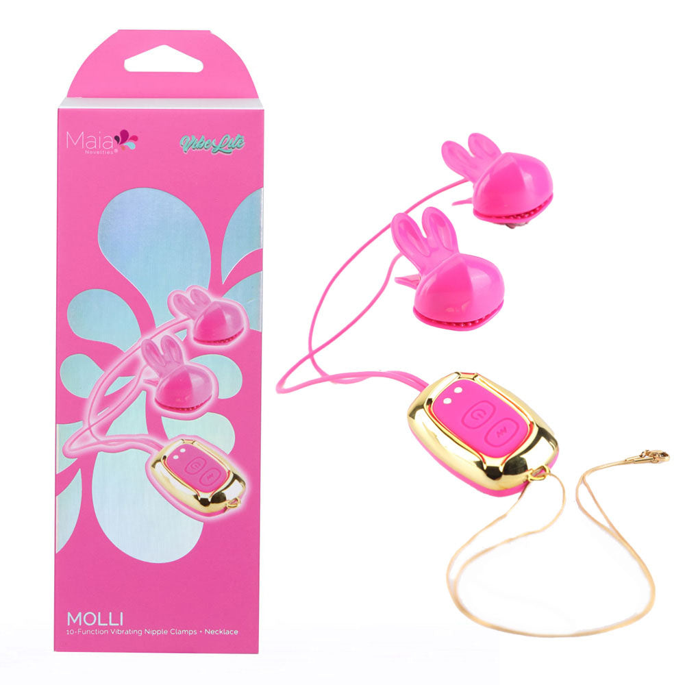 Maia MOLLI - Pink - Pink USB Rechargeable Vibrating Nipple Clamps & Necklace - Hush Store Sydney 