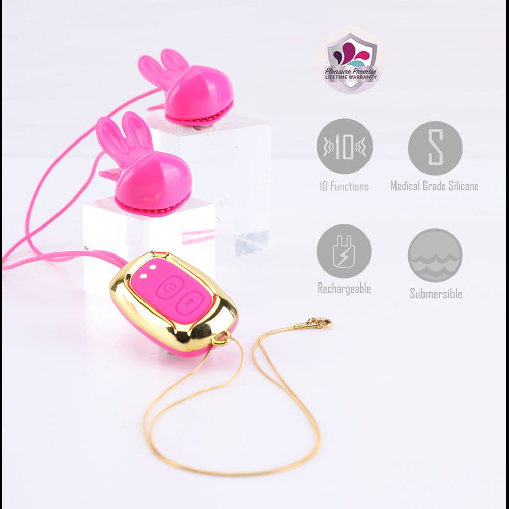 Maia MOLLI - Pink - Pink USB Rechargeable Vibrating Nipple Clamps & Necklace - Hush Store Sydney 