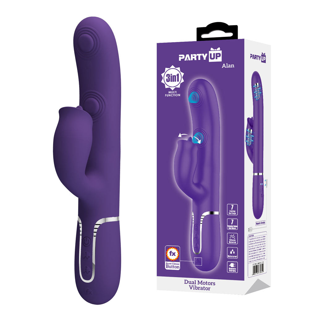 Party Up ALAN Dual Motor Vibrator - Purple - Purple 22.8 cm USB Rechargeable Vibrator with Licking Clit Stimulator and Thumping Shaft