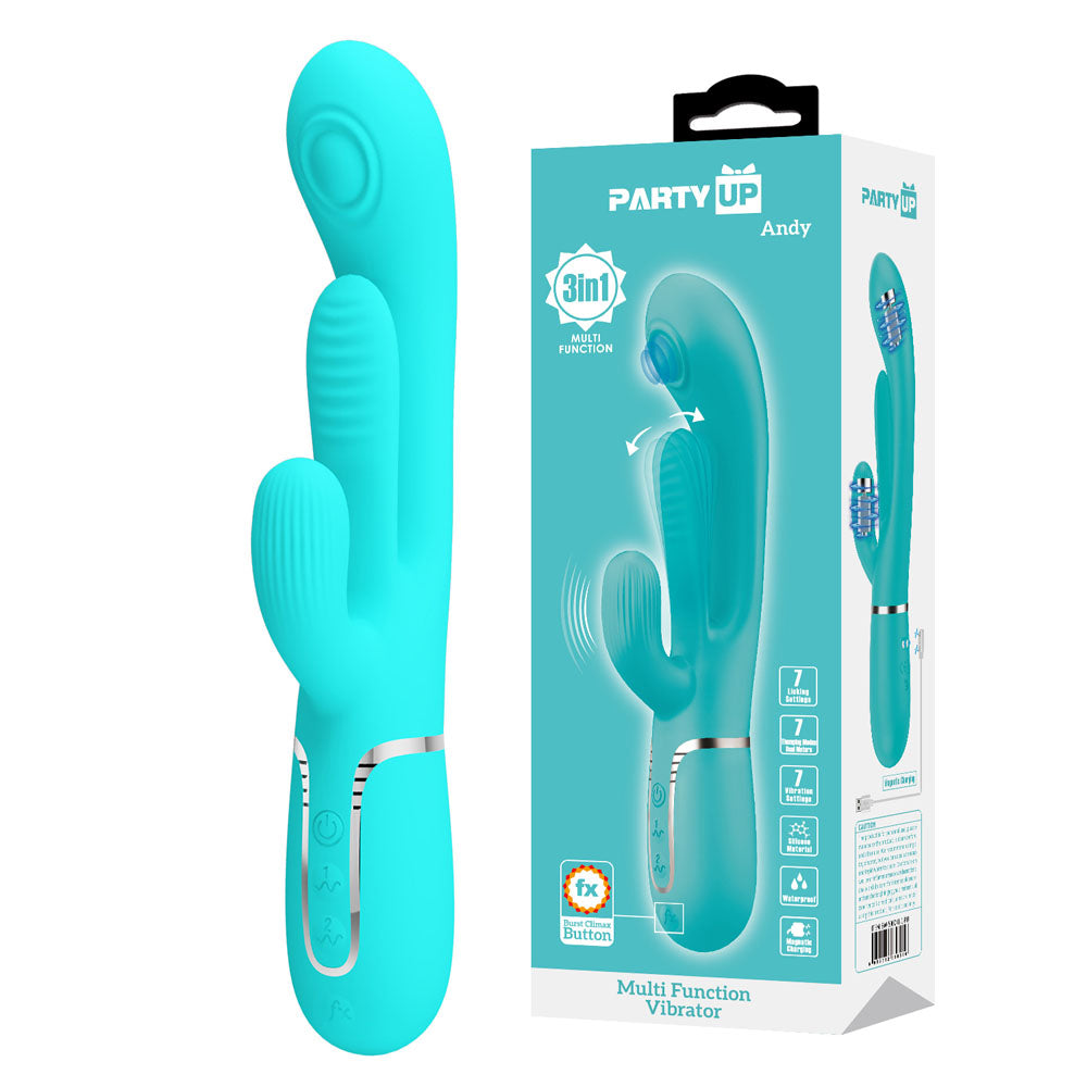 Party Up ANDY Multi Function Vibrator - Teal - Teal 22.2 cm USB Rechargeable Rabbit Vibrator with Flicking and Thumping Tip
