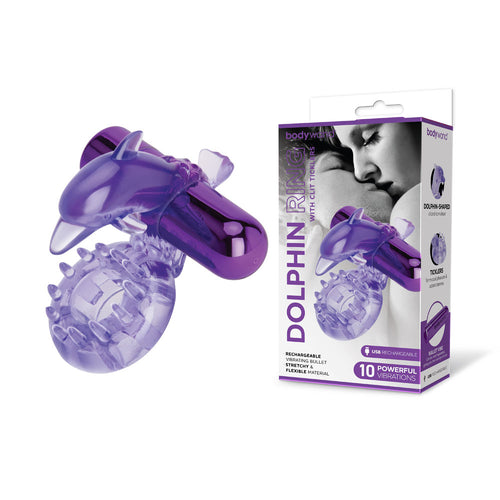Bodywand Rechargeable Dolphin Ring with Clit Ticklers - Purple USB Rechargeable Vibrating Cock Ring - Hush Store Sydney 