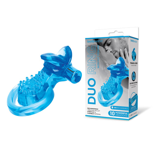 Bodywand Rechargeable Duo Ring with Clit Tickler - Blue USB Rechargeable Vibrating Cock Ring - Hush Store Sydney 