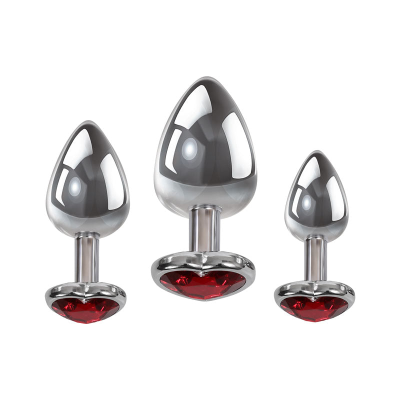 Adam & Eve Three Hearts Gem Anal Plug Set - Metallic Butt Plugs with Gem Bases - Set of 3 Sizes