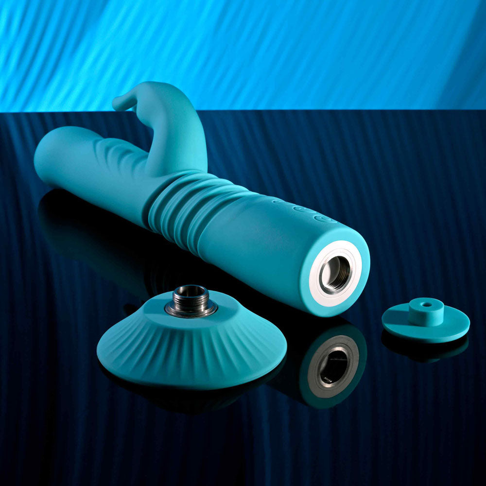 Evolved BUNNY HOP - Teal 25.1 cm USB Rechargeable Thrusting Rabbit Vibrator with Suction Base