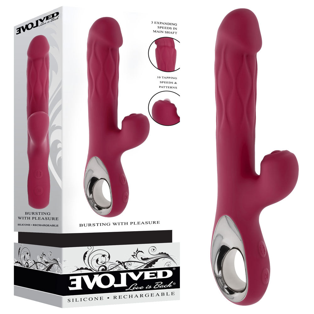 Evolved BURSTING WITH PLEASURE - Red 25.4 cm USB Rechargeable Vibrator with Tapping Clitoral Stimulator - Hush Store Sydney 
