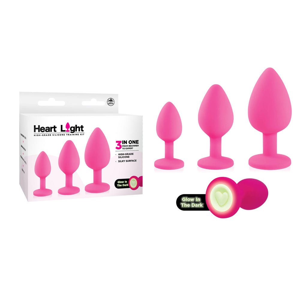 Heart Light - Pink - Pink Butt Plugs with Glow in Dark Bases - Set of 3 Sizes - Hush Store Sydney 