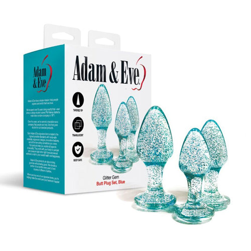 Adam & Eve Glitter Gem 3-Piece Butt Plug Set - Blue - Glitter Blue Butt Plugs - Set of 3 Sizes - Hush Store Sydney 