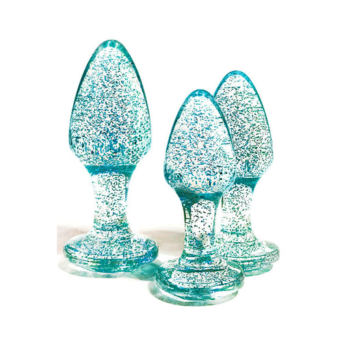Adam & Eve Glitter Gem 3-Piece Butt Plug Set - Blue - Glitter Blue Butt Plugs - Set of 3 Sizes - Hush Store Sydney 