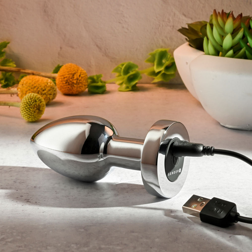 Gender X ROCKIN METAL PLUG XL - Chrome 10.5 cm USB Rechargeable Vibrating XL Butt Plug - Hush Store Sydney 