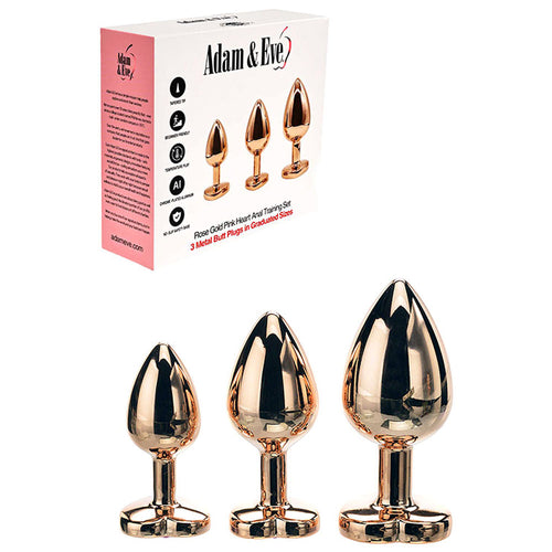Adam & Eve ROSE GOLD HEART GEM ANAL TRAINING SET - Rose Gold Metal Anal Plugs with Pink Gem Bases - Set of 3 Sizes - Hush Store Sydney 