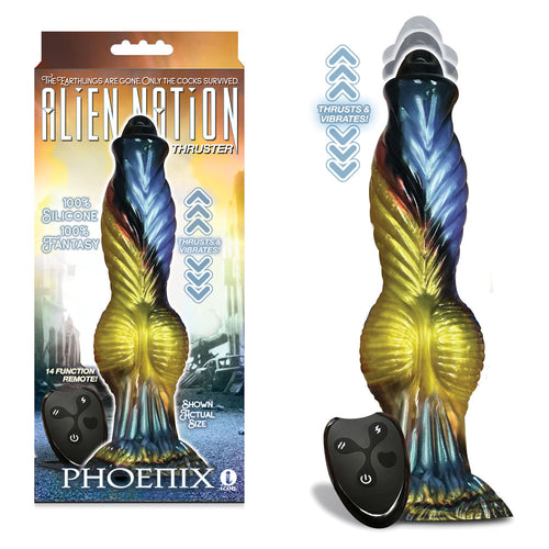 Alien Nation - Phoenix - Gold/Blue & Black 25.4 cm USB Rechargeable Thrusting Fantasy Dong with Remote - Hush Store Sydney 