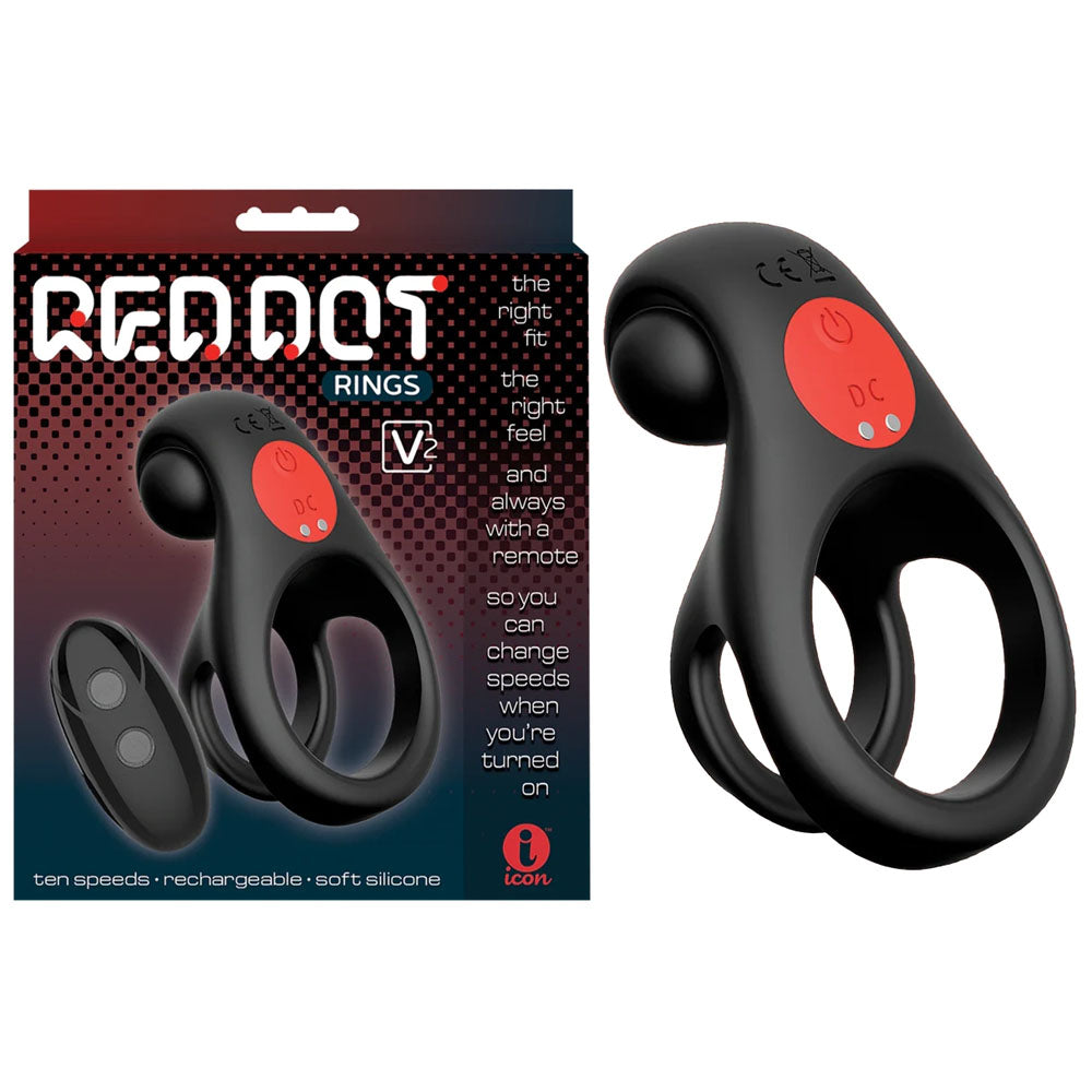 Red Dot Rings - V2 - Black USB Rechargeable Vibrating Cock & Ball Ring with Remote