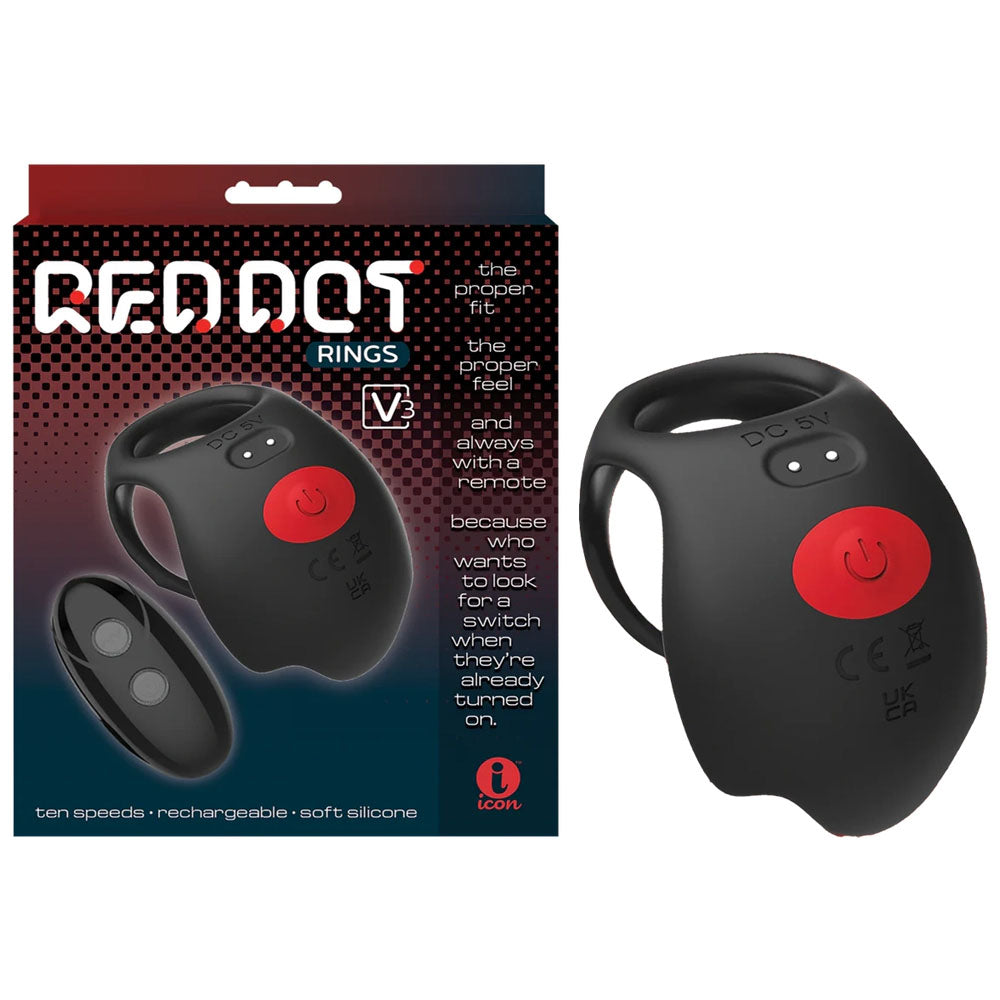Red Dot Rings - V3 - Black USB Rechargeable Vibrating Cock & Ball Ring with Remote