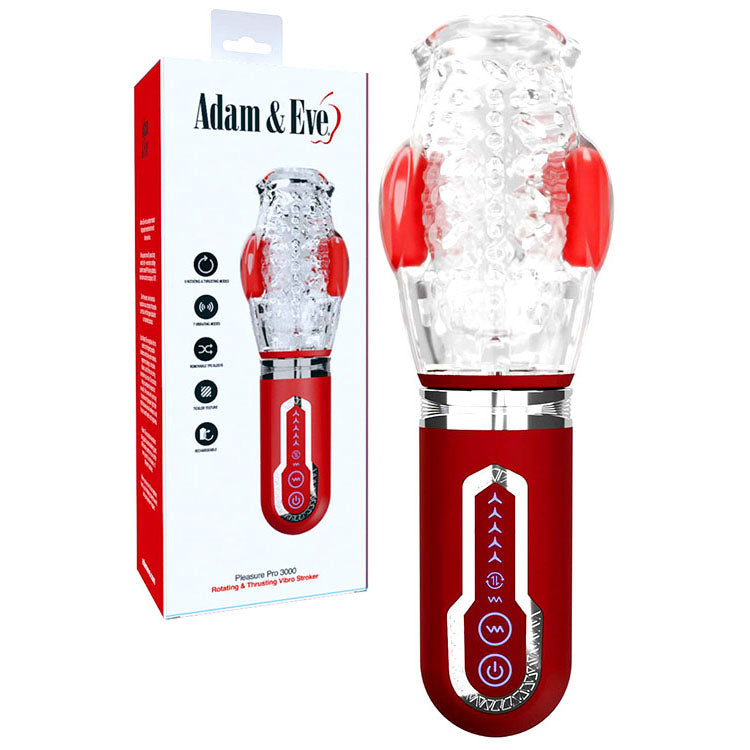 Adam & Eve PLEASURE PRO 3000 - Clear/Red USB Rechargeable Thrusting & Rotating Auto Stroker - Hush Store Sydney 