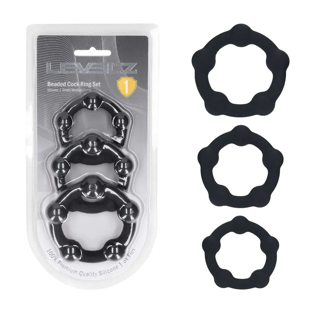 LEVELZ Beaded Silicone Cock Ring Set of 3 - Black - Black Cock Rings - Set of 3 Sizes - Hush Store Sydney 