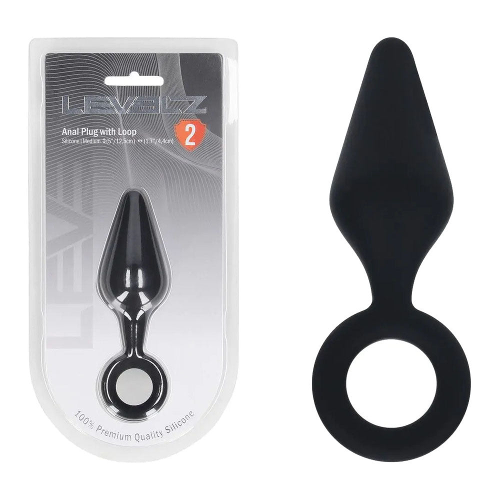 LEVELZ Silicone Anal Plug with Loop - Medium - Black - Black Medium Butt Plug - Hush Store Sydney 