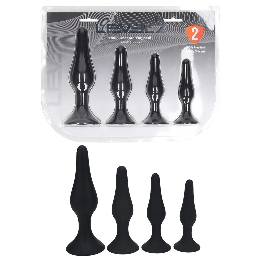 LEVELZ Slim Silicone Anal Plug Kit of 4 - Black Butt Plugs - Set of 4 Sizes - Hush Store Sydney 